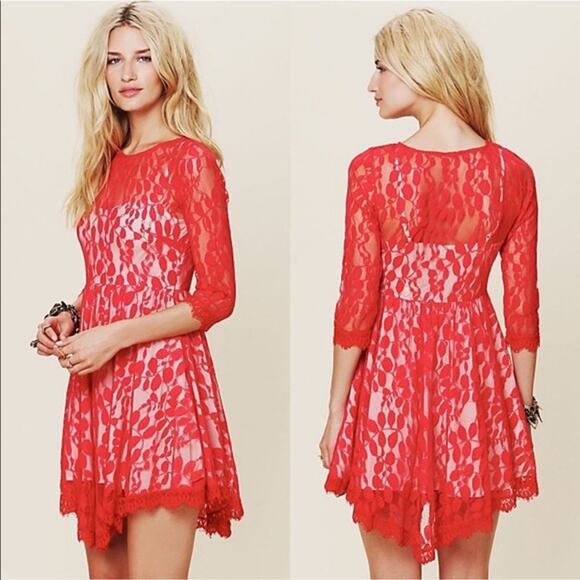 Free People Red Lace Skater Dress | Women's Size 12 - Picture 2 of 10